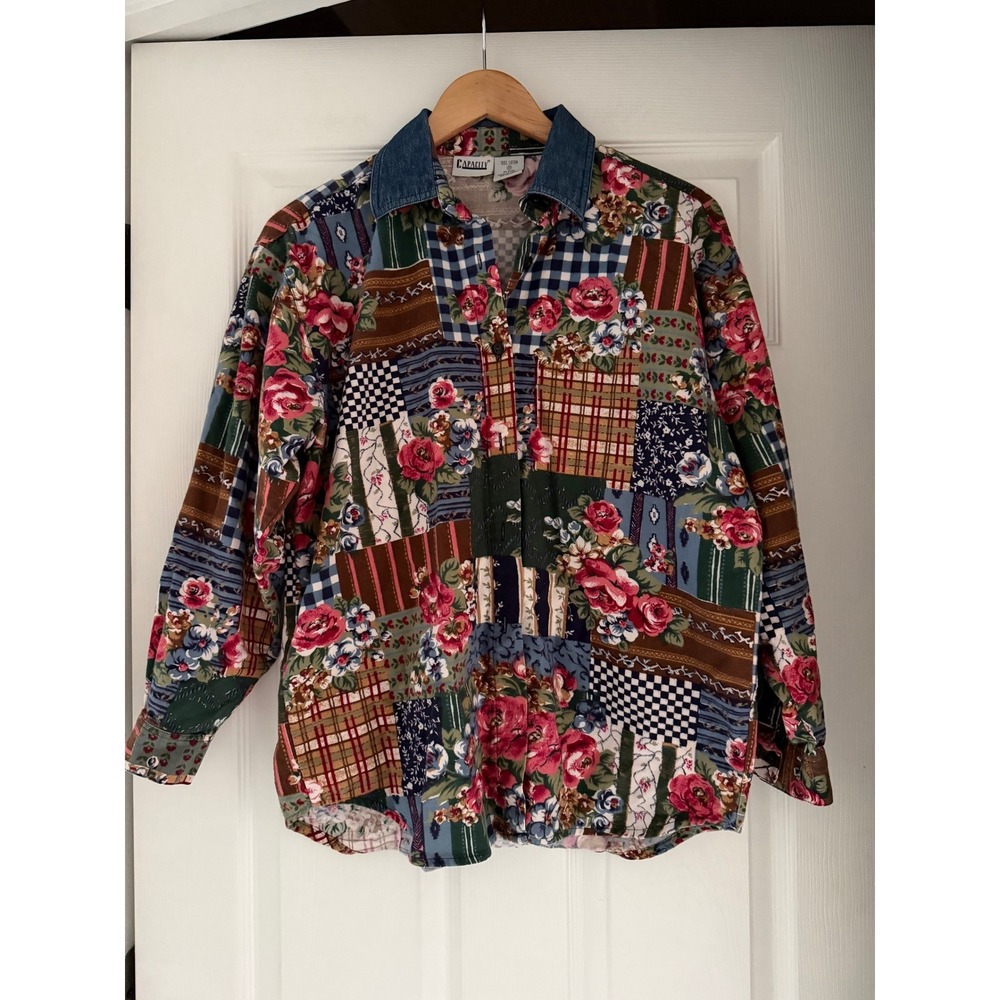 Vintage Womens Patchwork Denim Collar Button Down Cottagecore Grandmacore 90s